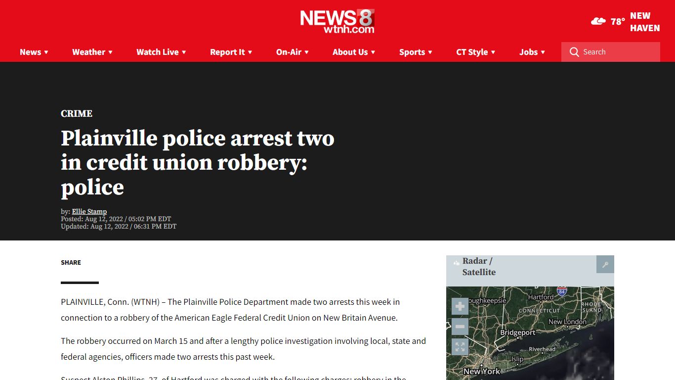 Plainville police arrest two in credit union robbery: police